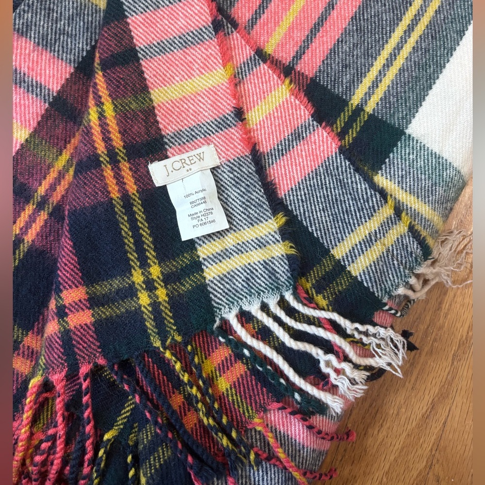J Crew Picnic Blanket Wrap Pink Blue Yellow Plaid Scarf